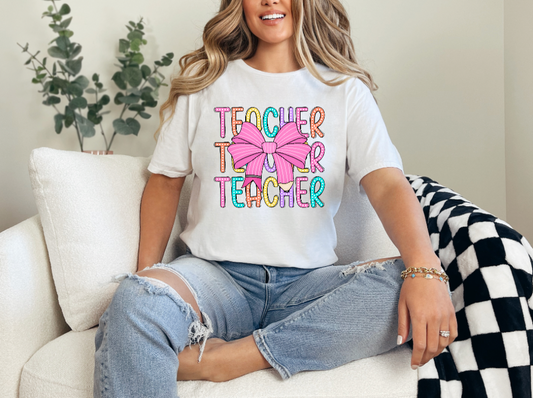 Colorful Bow "Teacher" Tee